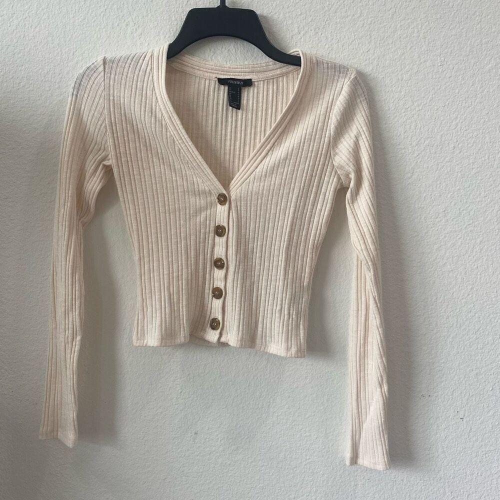 Forever 21 Cream Ribbed Cropped Cardigan Sweater Size S